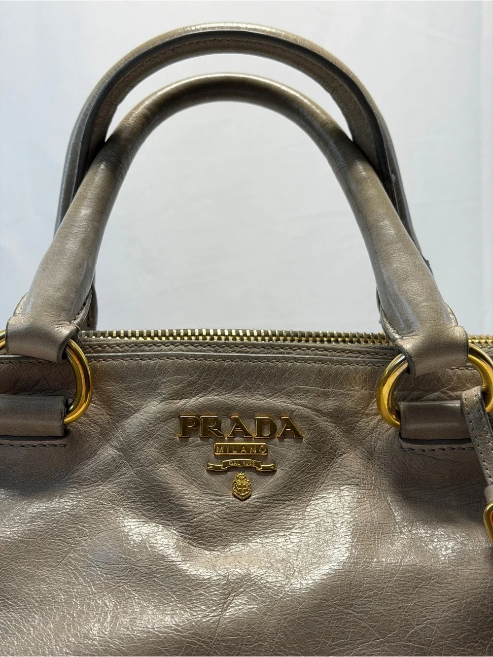 Prada Metallic Taupe Leather Satchel with Gold Hardware